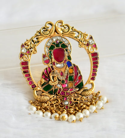 Antique gold tone pink-green-white-blue kundan jadau sri karthikeya pendant dj-50665