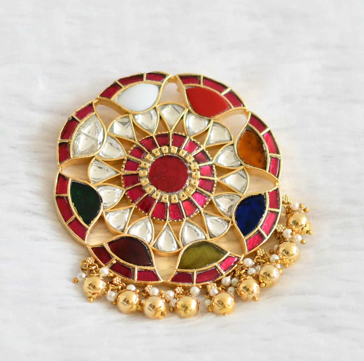 Gold tone pink-white navarathna kundan jadau flower pendant dj-50664