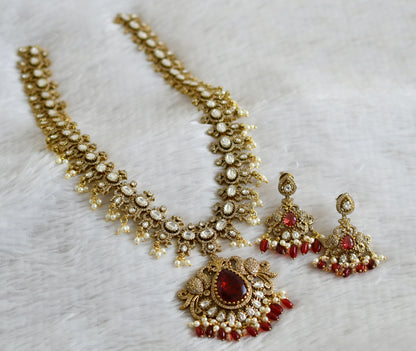 Antique gold tone cz white-red pearl cluster beaded victorian peacock haar set dj-48750