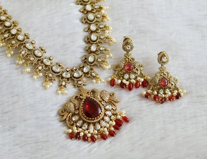 Antique gold tone cz white-red pearl cluster beaded victorian peacock haar set dj-48750