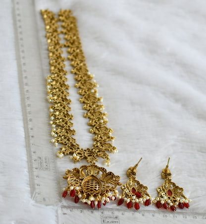 Antique gold tone cz white-red pearl cluster beaded victorian peacock haar set dj-48750