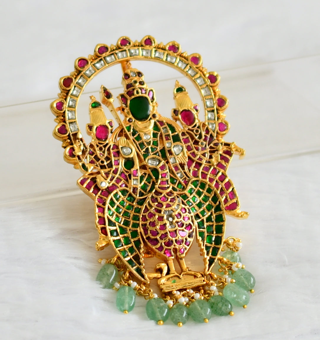 Gold tone pink-green-white kundan jadau green bead karthikeya pendant dj-50657