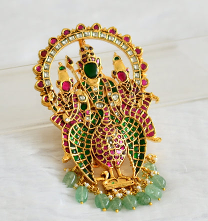 Gold tone pink-green-white kundan jadau green bead karthikeya pendant dj-50657