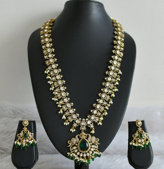 Antique gold tone cz white-green pearl cluster beaded victorian peacock haar set dj-48749