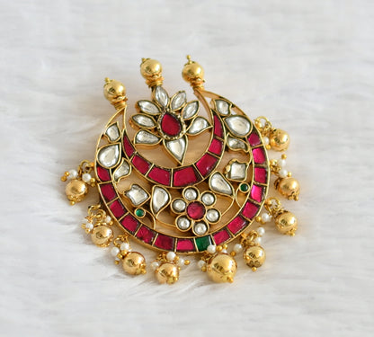 Gold tone pink-green-white kundan jadau flower moon pendant dj-50660