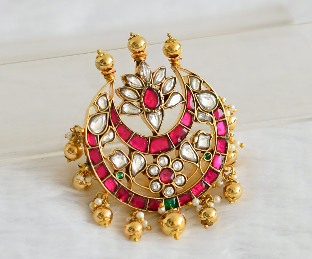 Gold tone pink-green-white kundan jadau flower moon pendant dj-50660