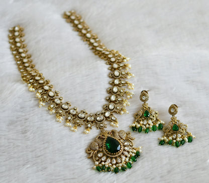 Antique gold tone cz white-green pearl cluster beaded victorian peacock haar set dj-48749