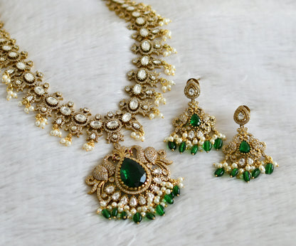 Antique gold tone cz white-green pearl cluster beaded victorian peacock haar set dj-48749