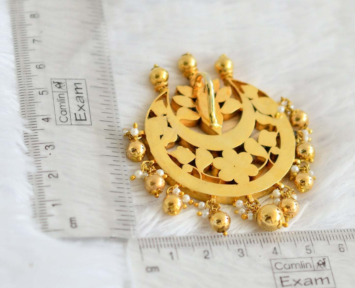 Gold tone pink-green-white kundan jadau flower moon pendant dj-50660