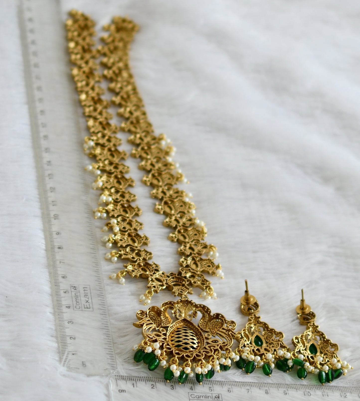 Antique gold tone cz white-green pearl cluster beaded victorian peacock haar set dj-48749