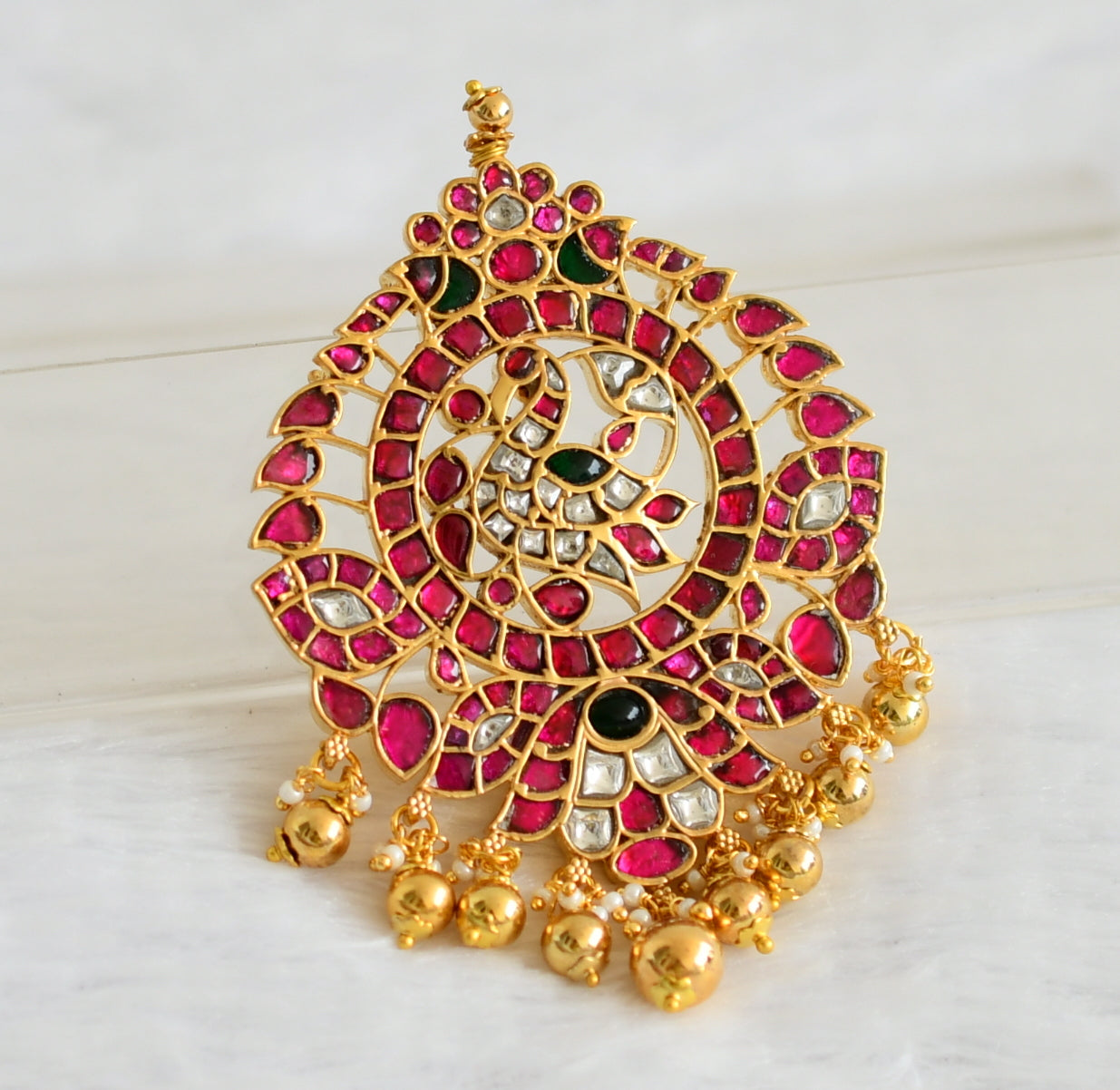 Gold tone pink-green-white kundan jadau swan pendant dj-50672