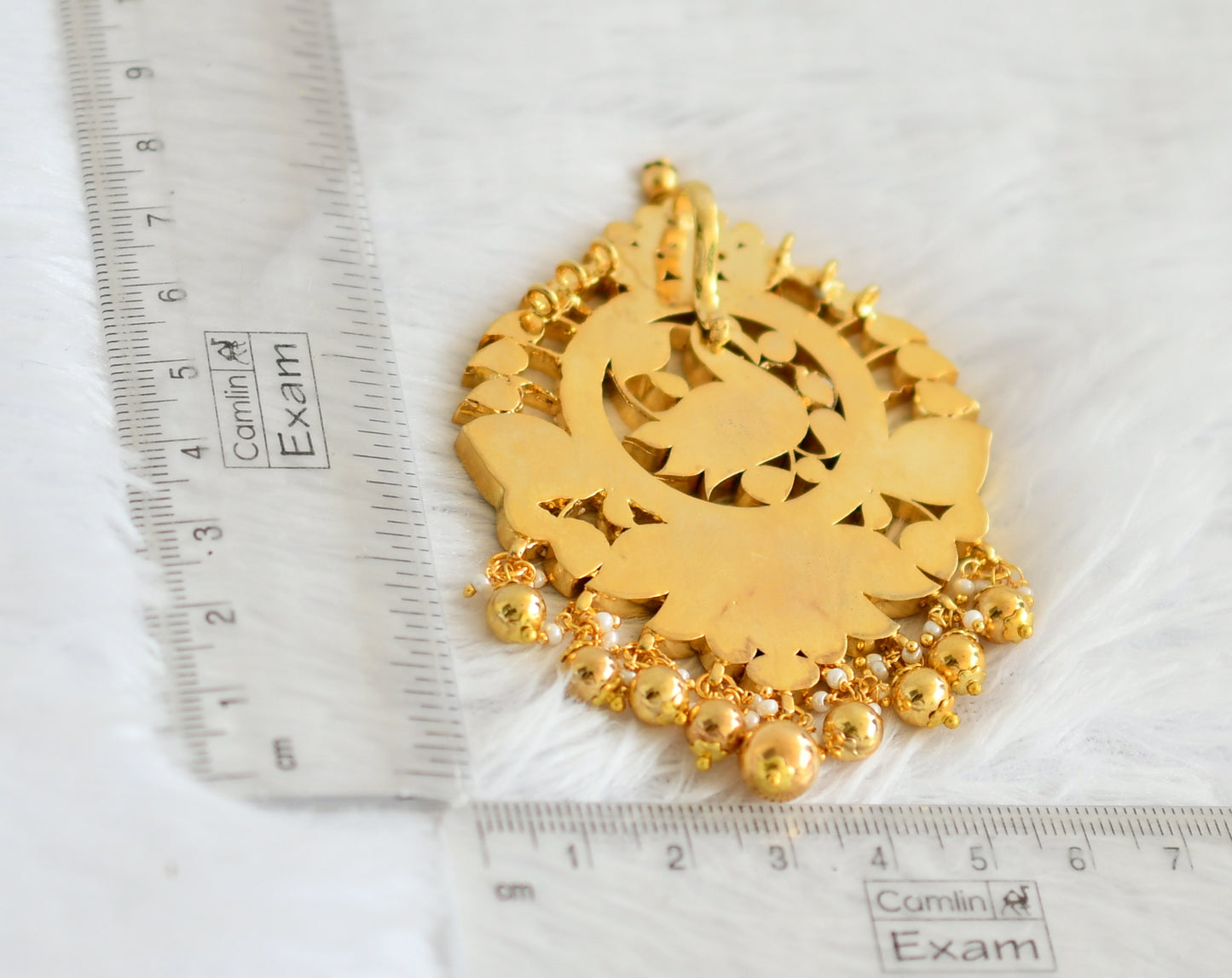 Gold tone pink-green-white kundan jadau swan pendant dj-50672