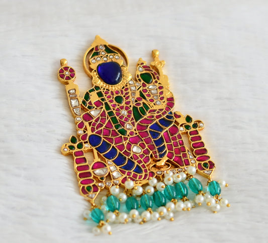 Gold tone pink-green-white-blue kundan jadau green-pearl beaded boo varahaswamy pendant dj-50658