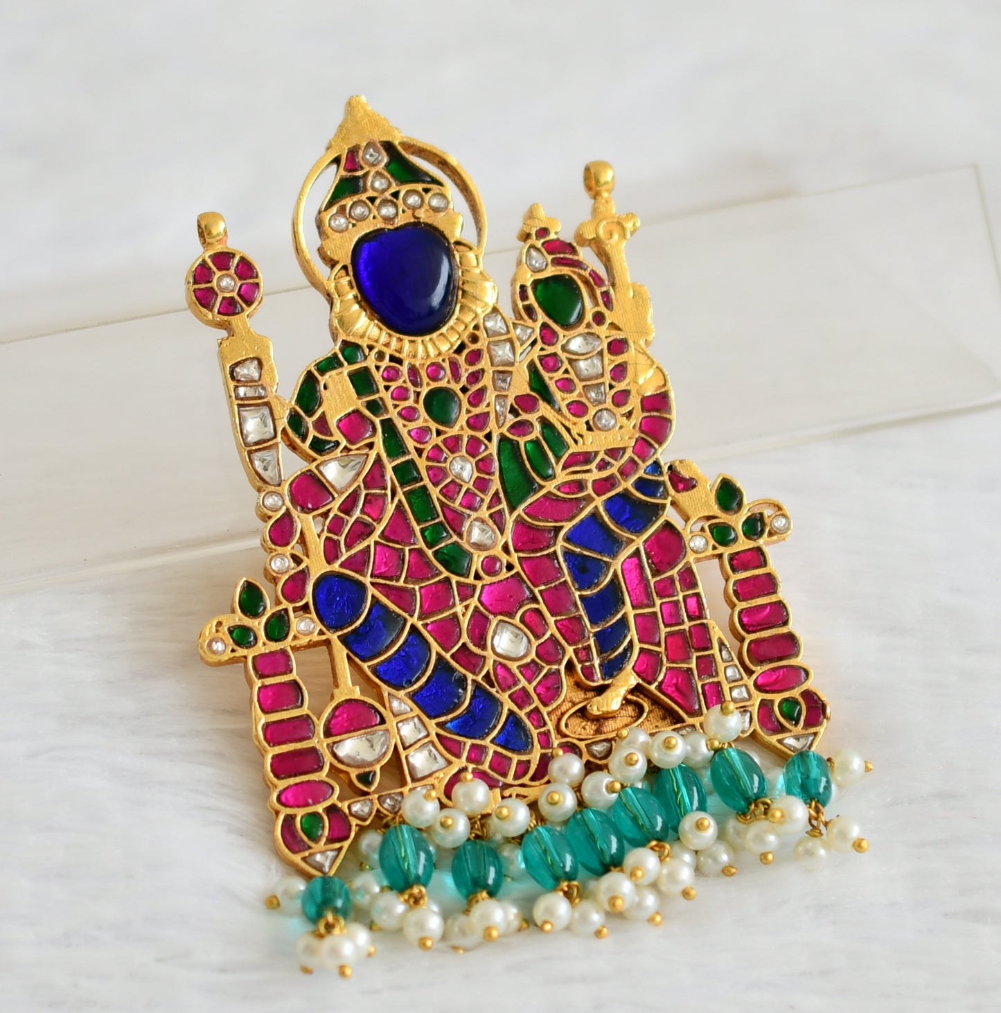 Gold tone pink-green-white-blue kundan jadau green-pearl beaded boo varahaswamy pendant dj-50658