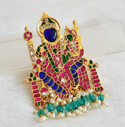 Gold tone pink-green-white-blue kundan jadau green-pearl beaded boo varahaswamy pendant dj-50658