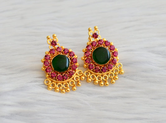 Gold tone ad pink-green stone round kerala style earrings dj-45318