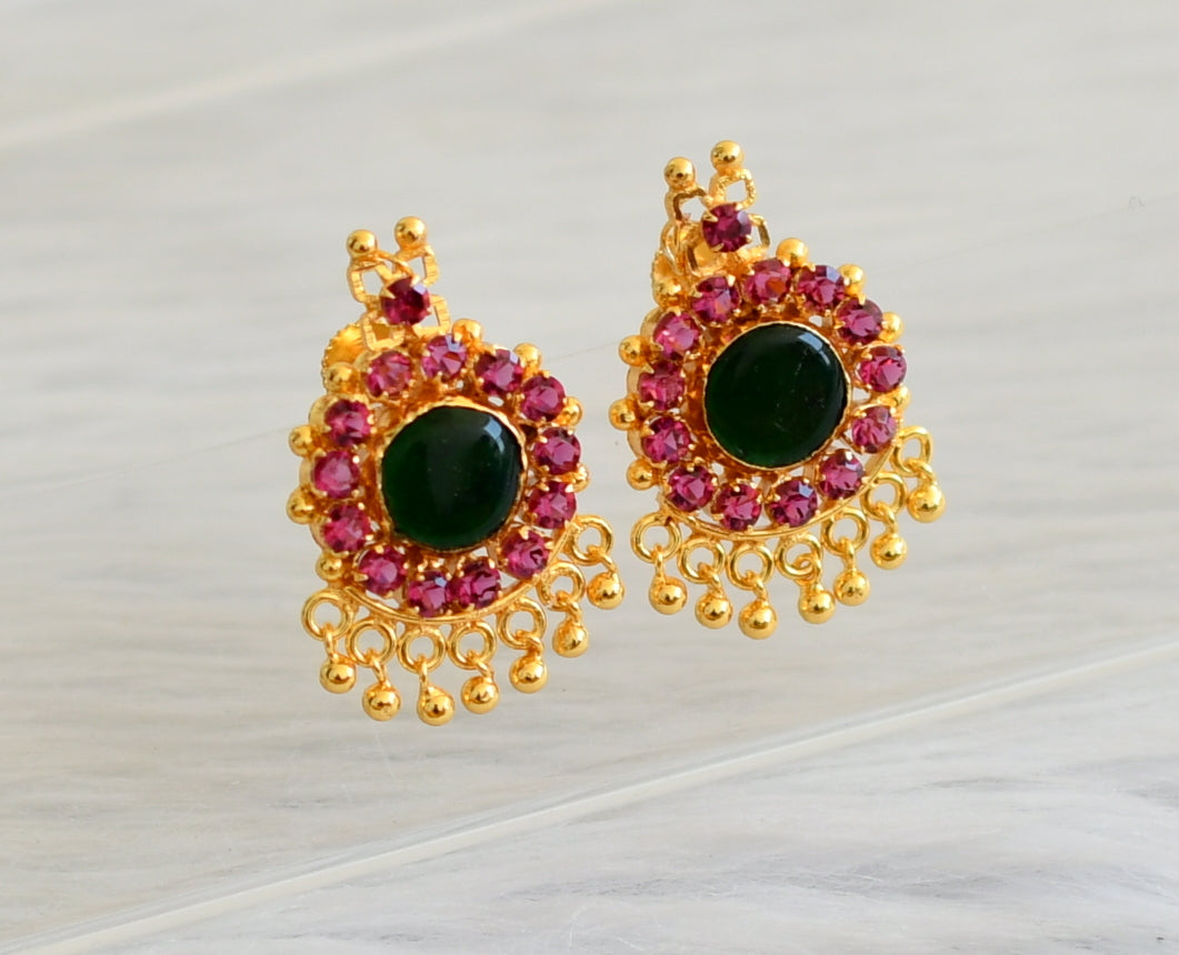 Gold tone ad pink-green stone round kerala style earrings dj-45318