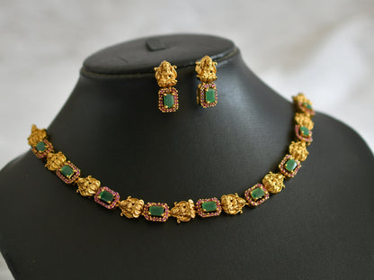 Matte finish ruby-green block stone lakshmi necklace set dj-47004