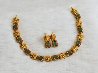 Matte finish ruby-green block stone lakshmi necklace set dj-47004