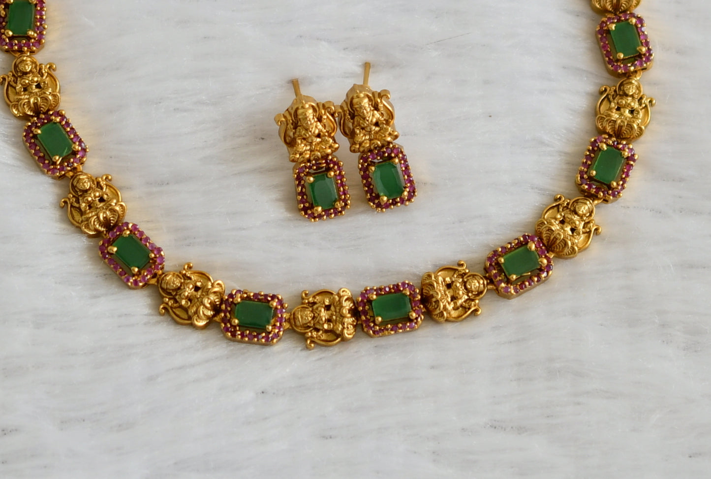 Matte finish ruby-green block stone lakshmi necklace set dj-47004