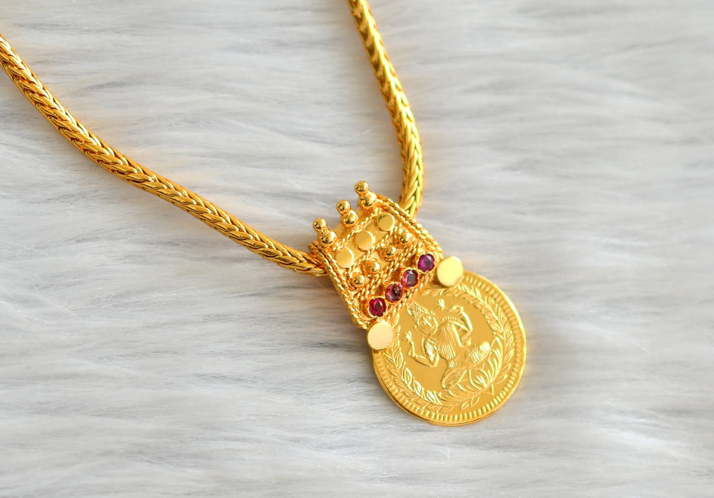 Gold tone 24 inches ruby ball mugappu chain with pink lakshmi pendant dj-43640