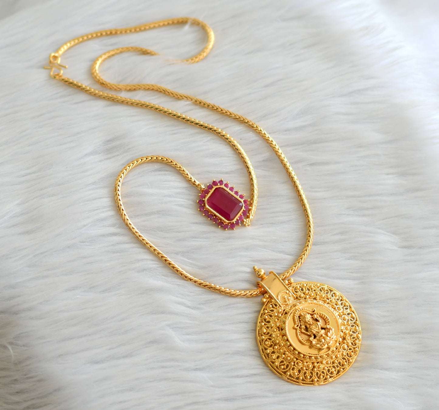Gold tone 24 inches ruby block stone mugappu chain with lakshmi round pendant dj-43639