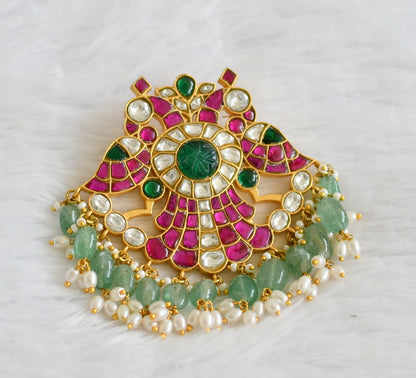 Matte finish pink-green-white kundan jadau ganda berunda green bead pendant dj-50676