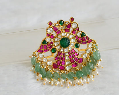 Matte finish pink-green-white kundan jadau ganda berunda green bead pendant dj-50676