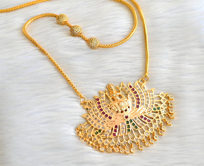 Gold tone 24 inches white ball mugappu chain with ad ruby-green-white lotus lakshmi pendant dj-43641