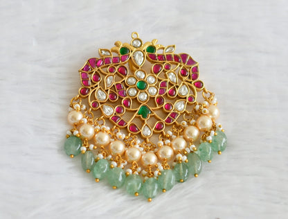Gold tone pink-green-white kundan jadau peacock green-pearl beaded pendant dj-50662