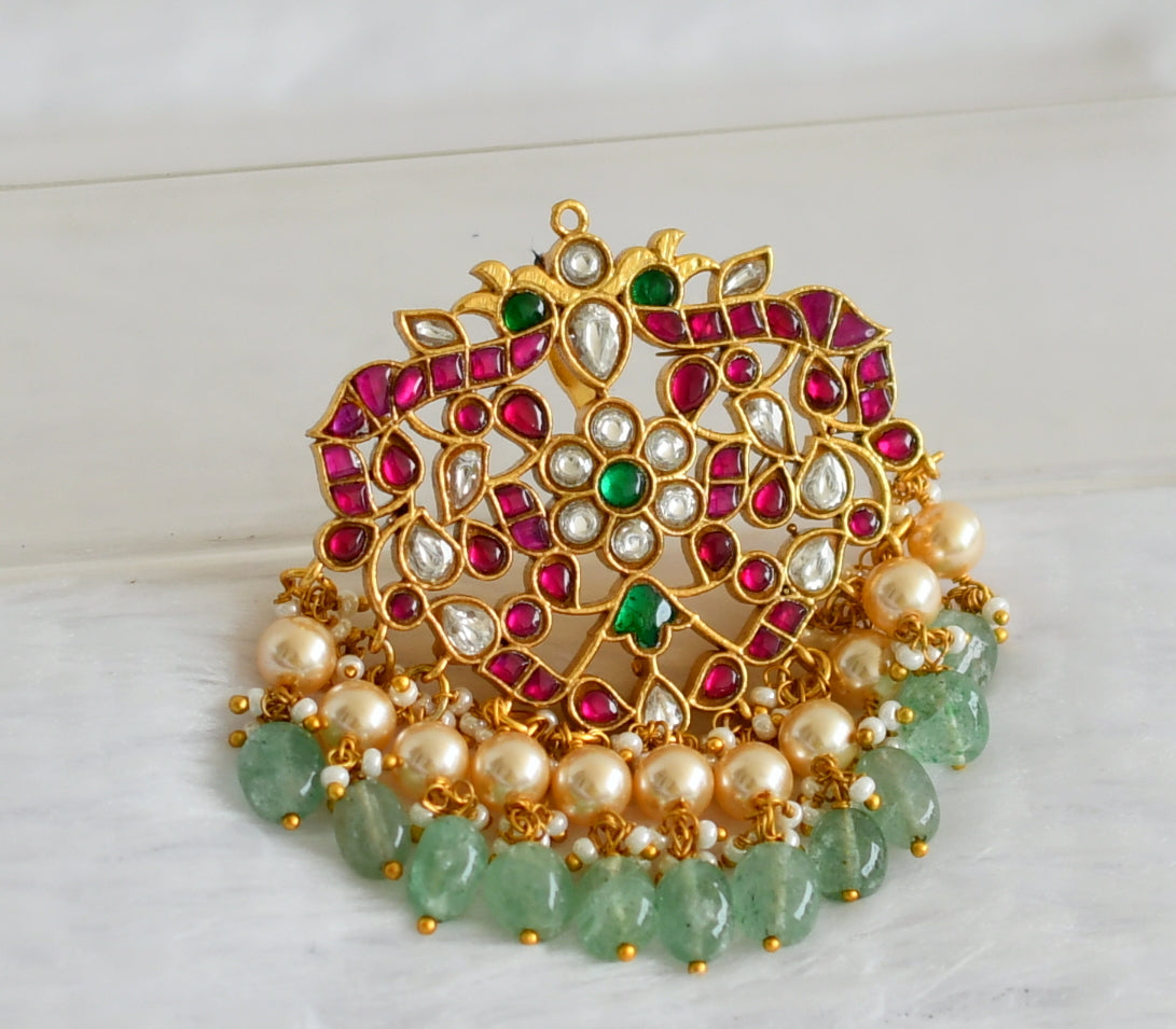 Gold tone pink-green-white kundan jadau peacock green-pearl beaded pendant dj-50662