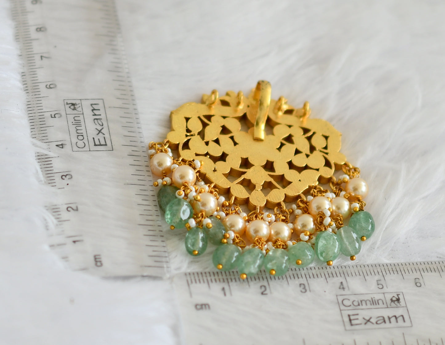 Gold tone pink-green-white kundan jadau peacock green-pearl beaded pendant dj-50662