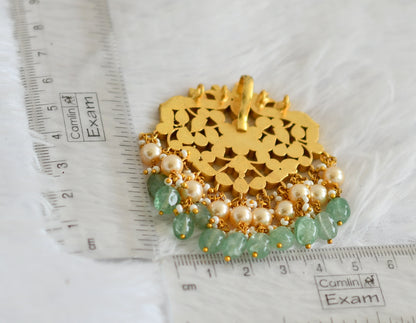 Gold tone pink-green-white kundan jadau peacock green-pearl beaded pendant dj-50662