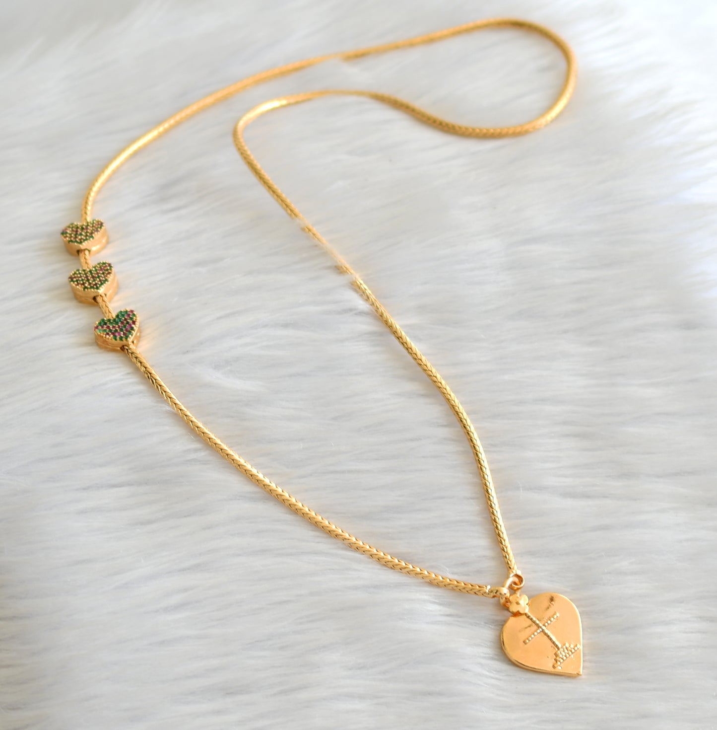 Gold tone 24 inches ruby-green heart mugappu chain with christian cross mangalyam dj-43645