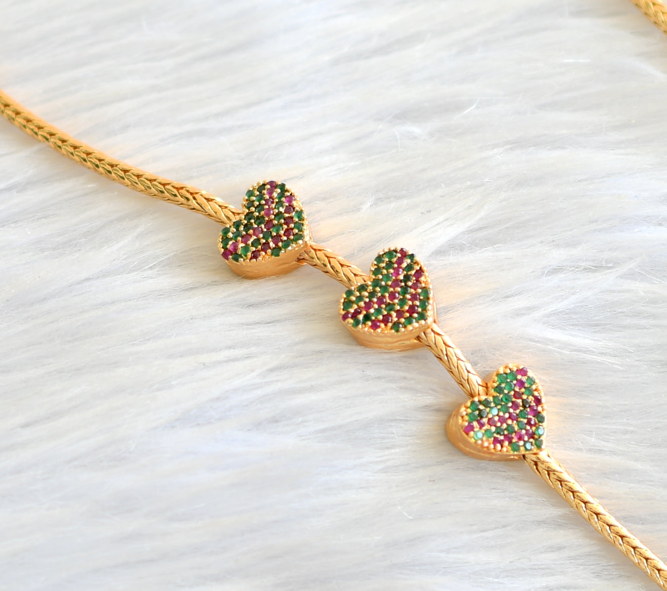 Gold tone 24 inches ruby-green heart mugappu chain with christian cross mangalyam dj-43645