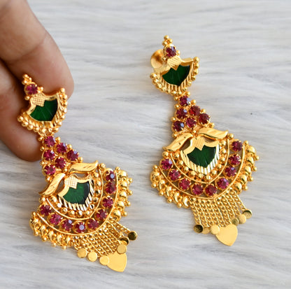 Gold tone pink-green kerala style palakka long earrings dj-45320