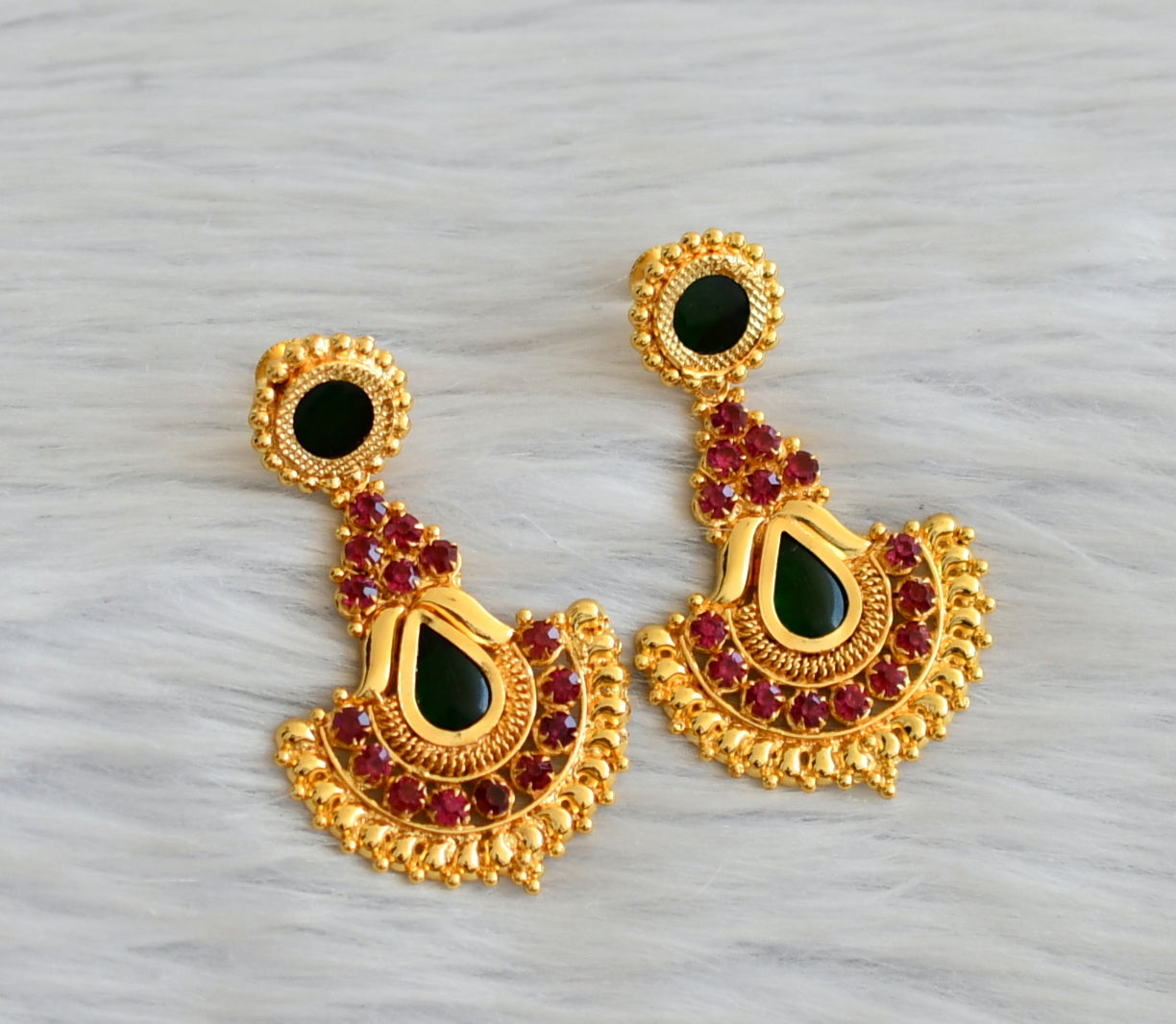 Gold tone pink-green kerala style long earrings dj-45321