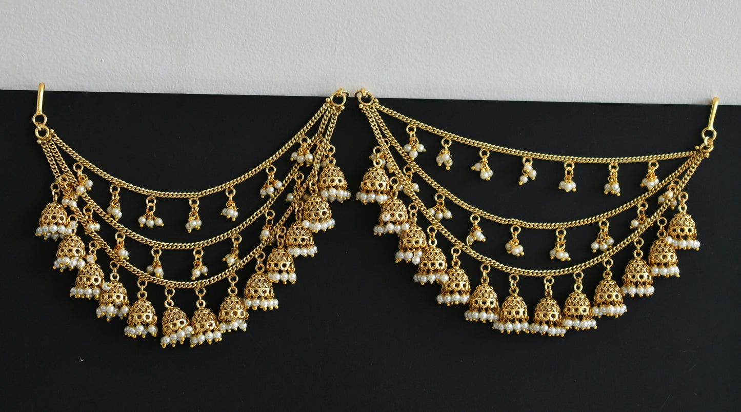 Antique gold tone pearl jhumkka ear side chain dj-48778