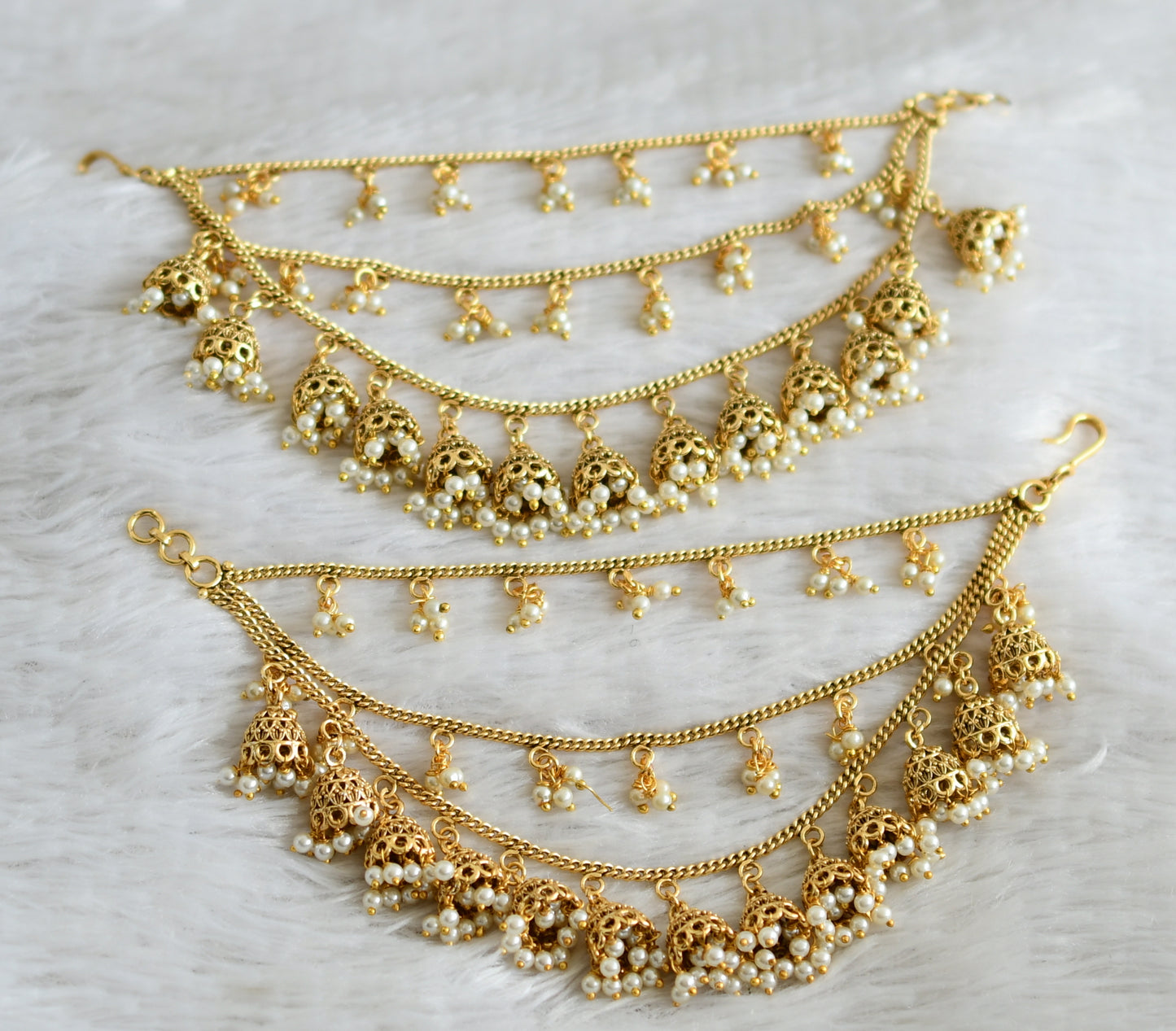 Antique gold tone pearl jhumkka ear side chain dj-48778