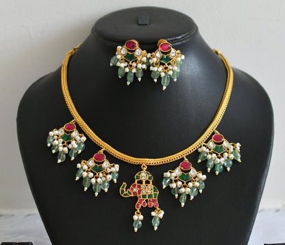 Gold tone pink-green-white kundan jadau elephant green bead necklace set dj-50681