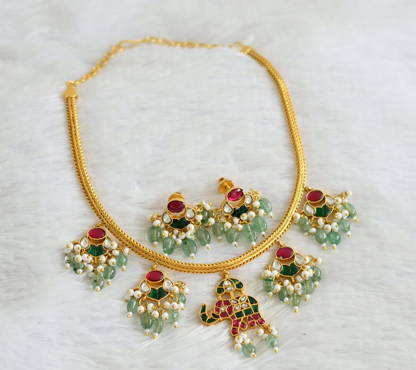 Gold tone pink-green-white kundan jadau elephant green bead necklace set dj-50681