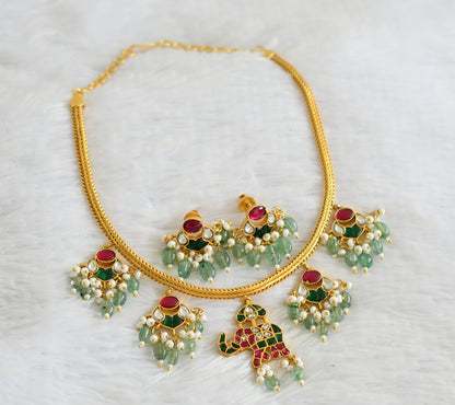 Gold tone pink-green-white kundan jadau elephant green bead necklace set dj-50681