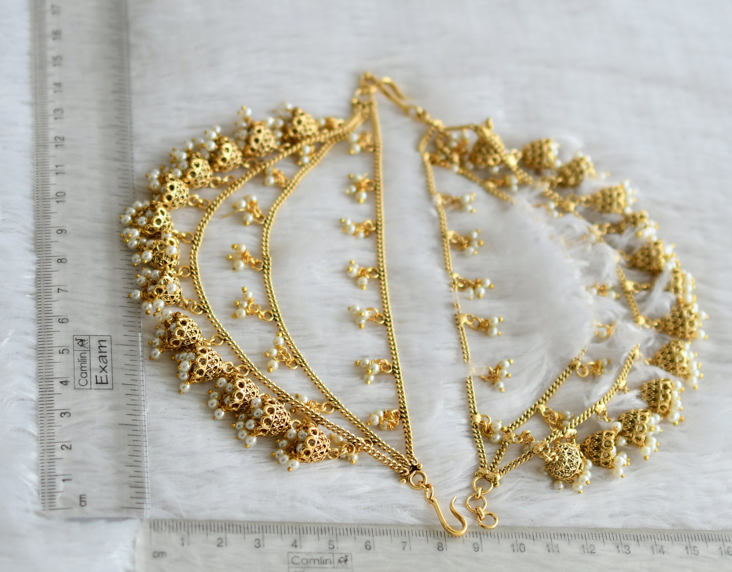 Antique gold tone pearl jhumkka ear side chain dj-48778