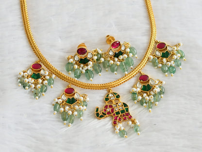 Gold tone pink-green-white kundan jadau elephant green bead necklace set dj-50681