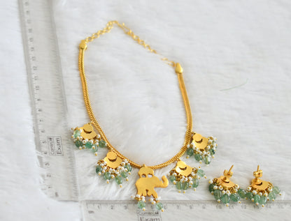 Gold tone pink-green-white kundan jadau elephant green bead necklace set dj-50681