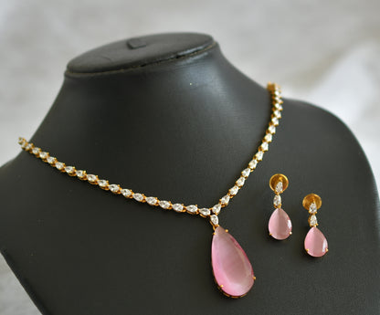 Matte finish cz baby pink thilak stone necklace set dj-47008