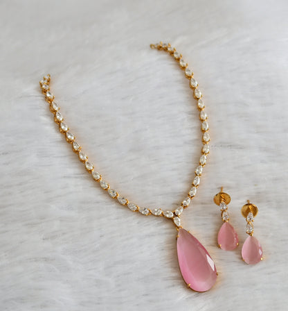 Matte finish cz baby pink thilak stone necklace set dj-47008