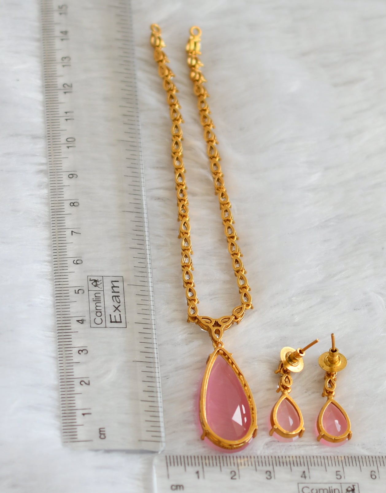 Matte finish cz baby pink thilak stone necklace set dj-47008