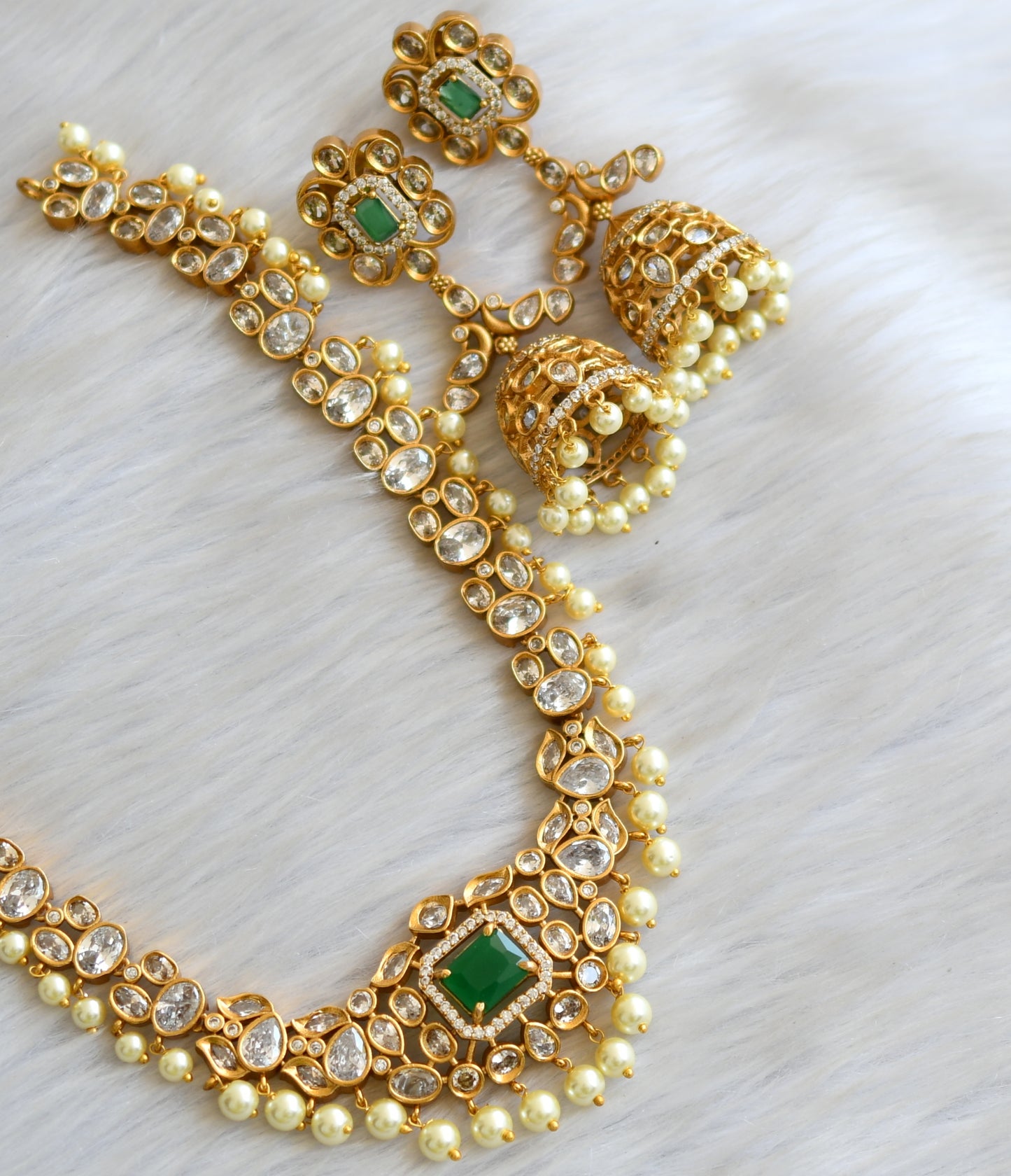 Matte finish white-green block stone pearl necklace set dj-42383