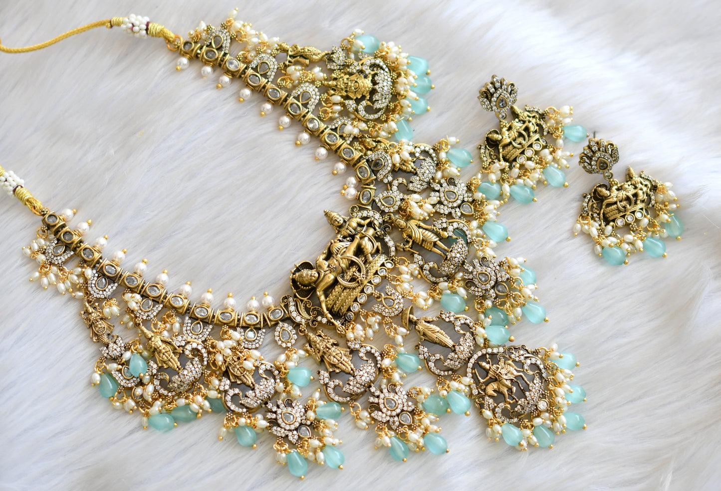 Matte finish cz white stone Victorian Dasavatharam necklace set dj-42381